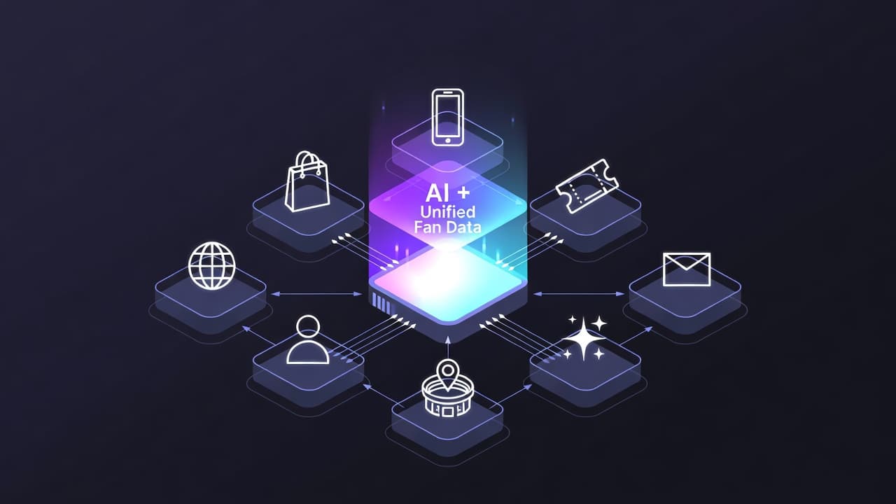 Envorso Sports platform architecture — eight fan-experience modules (website, mobile app, ticketing, merchandise, CRM, marketing automation, game-day, AI personalization) connected to a central AI and unified fan data core.