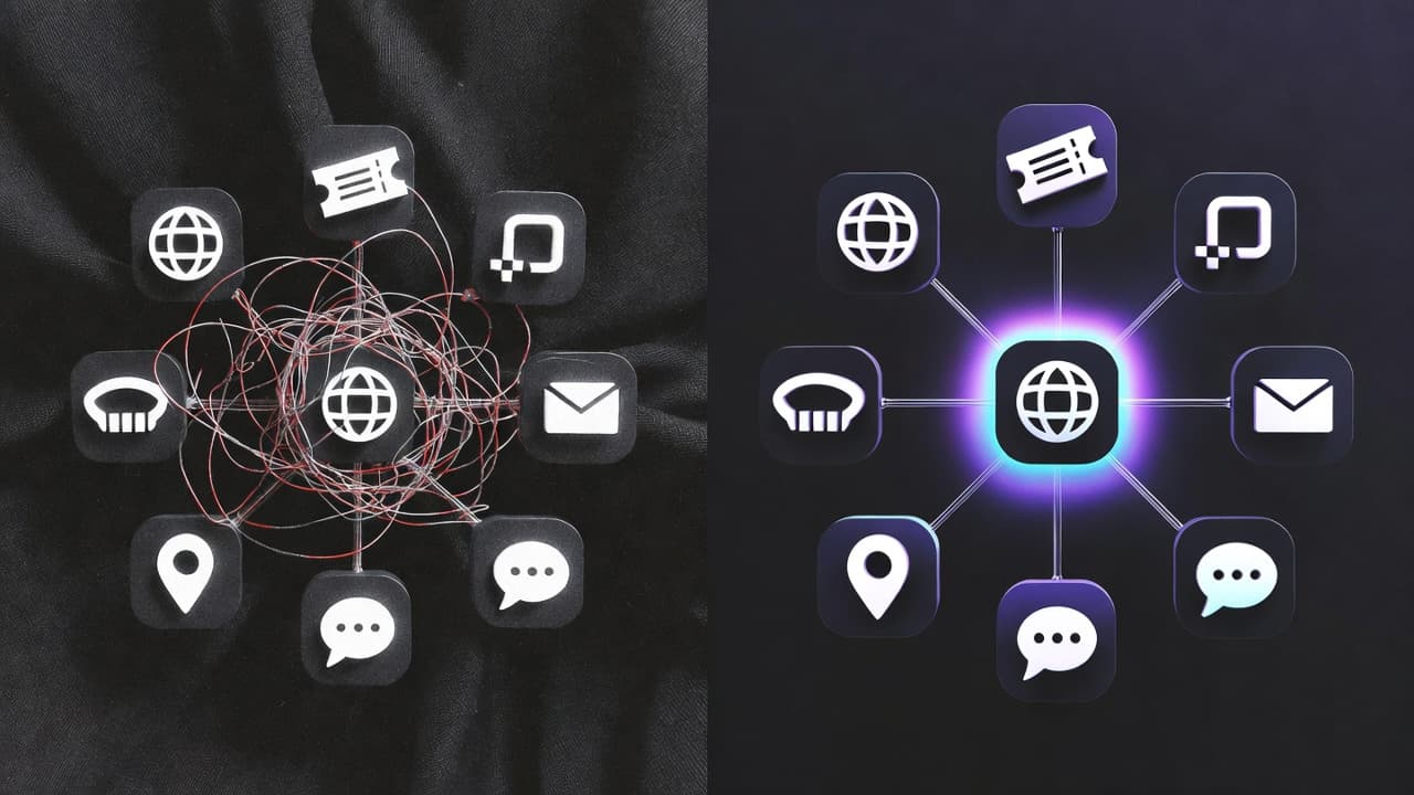 Before and after: eight fan-experience tools tangled together on the left, the same tools cleanly orbiting a single platform core on the right.