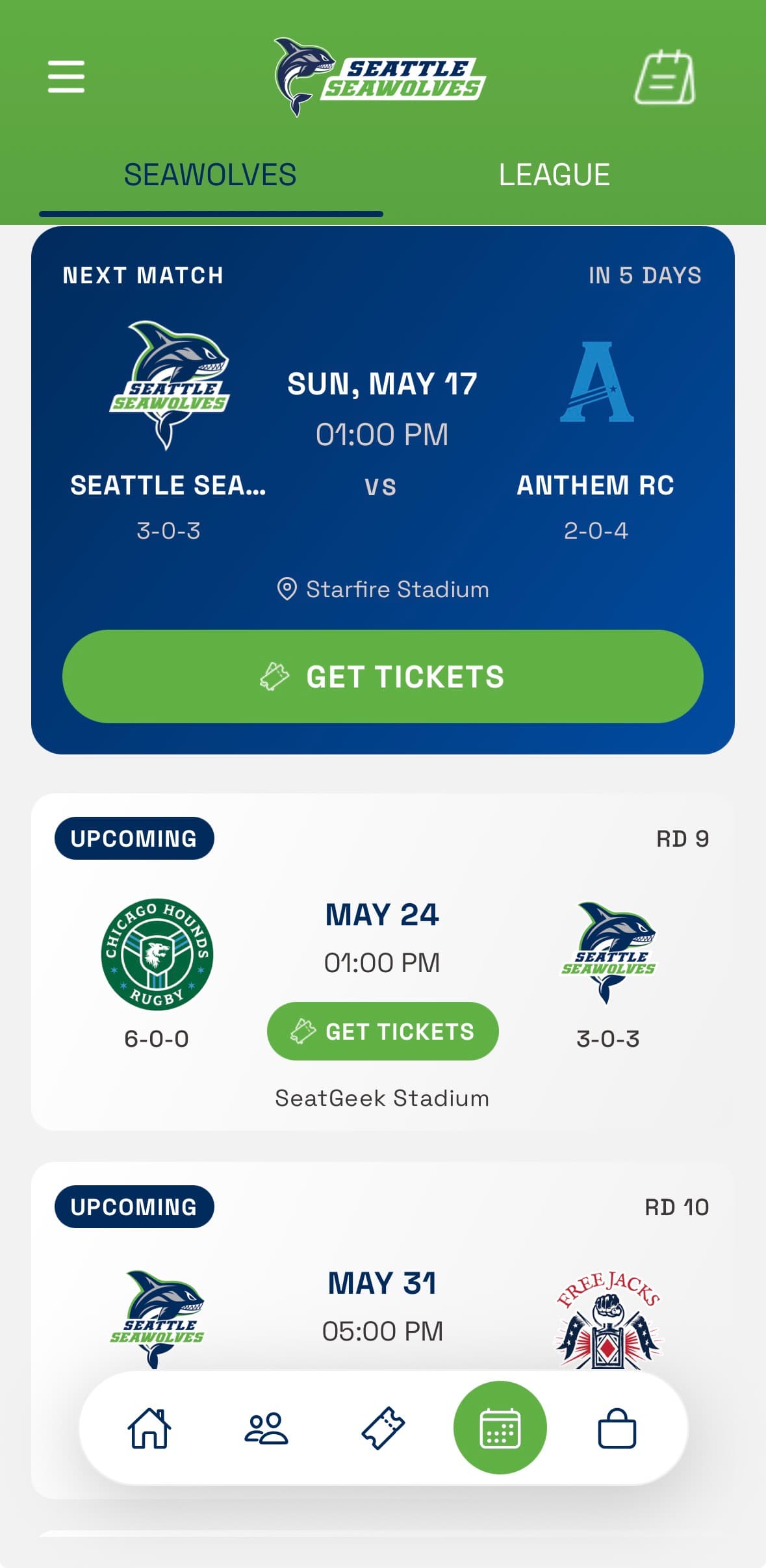 Screenshot of the Seattle Seawolves mobile app, powered by Envorso Sports.