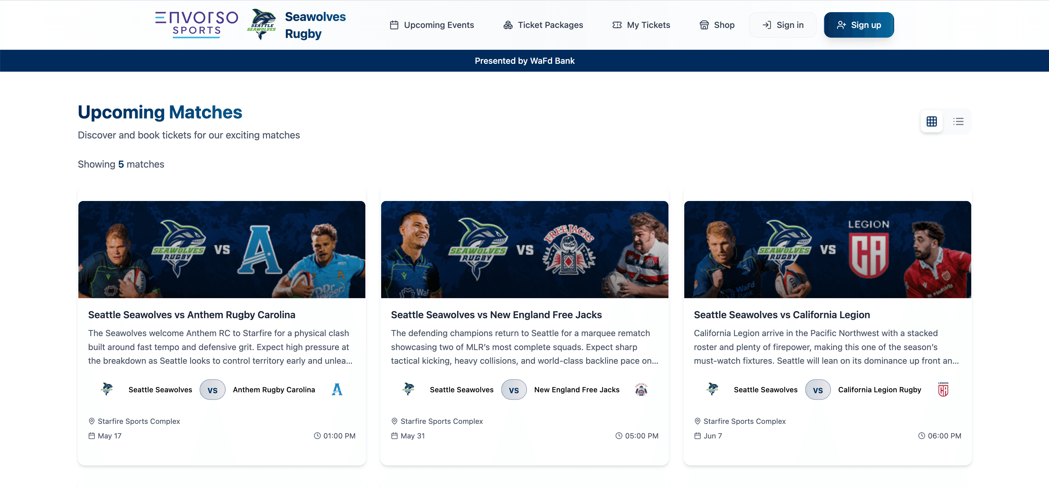Screenshot of the Seattle Seawolves ticketing site, integrated through Envorso Sports.